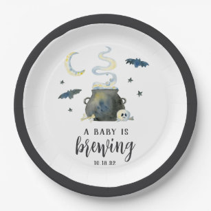 A Baby Is Brewing   Cute Halloween Baby Shower Paper Plate