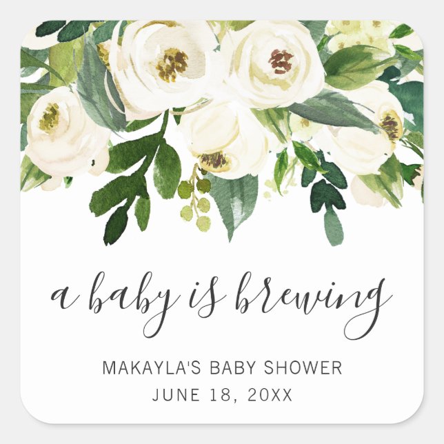 A Baby Is Brewing Elegant Floral Girl Baby Shower Square Sticker (Front)