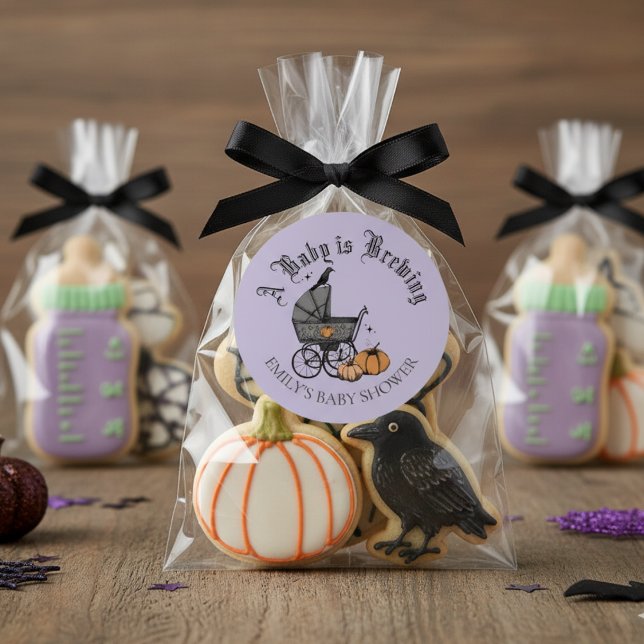 A Baby is Brewing Fall Baby Shower Favour Sticker (Cute Gothic A Baby is Brewing Halloween Baby Shower Favor Stickers. Baby Carriage, Pumpkins, Raven)