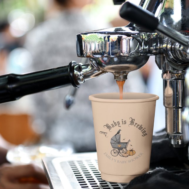 A Baby is Brewing Fall Baby Shower Orange Paper Cups (Elegant and Spooky Hand-Drawn Victorian Baby Carriage Custom Baby Shower Paper Cup in Pastel Orange.)