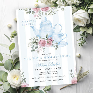 A baby is brewing floral blue tea boy baby shower invitation
