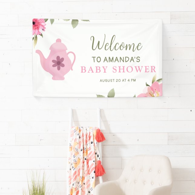 A Baby is Brewing Flower Rose Tea Baby Shower Banner (Insitu)