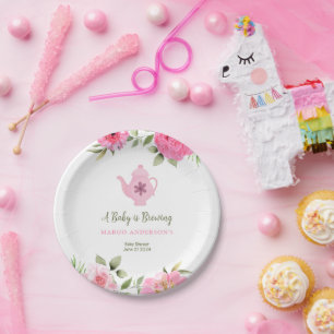 A Baby is Brewing Flower Rose Tea Baby Shower Paper Plate