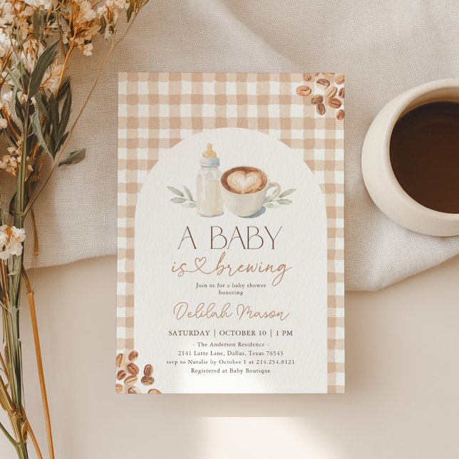 A Baby is Brewing Gingham Coffee Baby Shower Invitation (Creator Uploaded)
