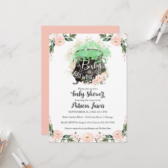 A Baby Is Brewing Girl Baby Shower Invitations (Front/Back In Situ)