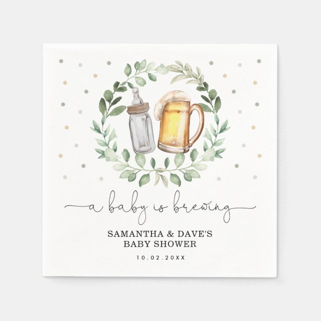 A Baby is Brewing Greenery Beer Coed Baby Shower Napkin (Front)