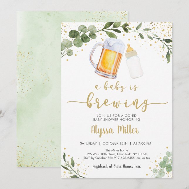 A Baby Is Brewing Greenery Gold Baby Shower Invitation (Front/Back)