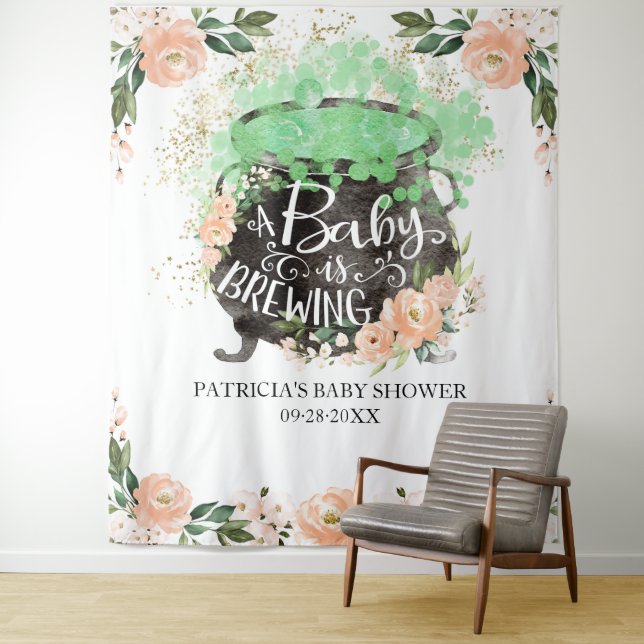 A Baby Is Brewing Halloween Baby Shower Backdrop Tapestry (In Situ)