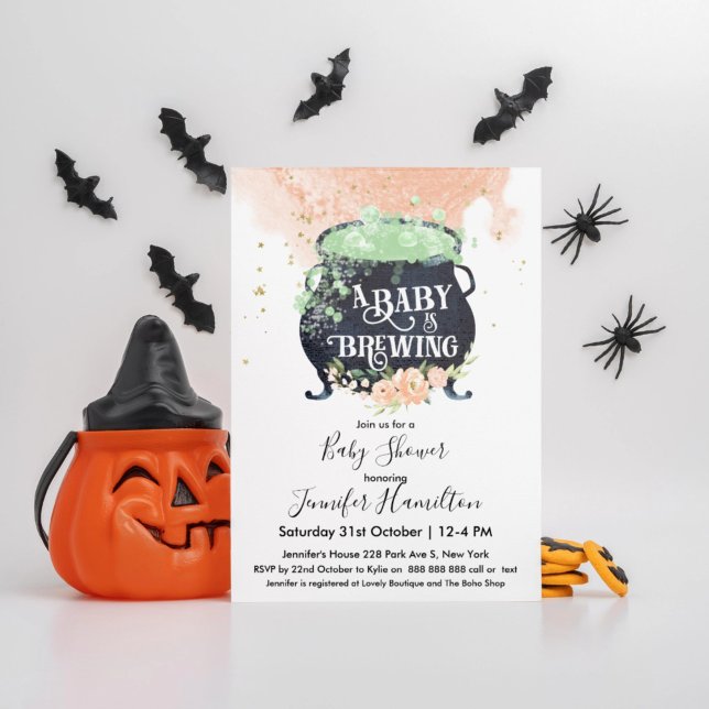 a baby is brewing Halloween Baby Shower Peach Invitation (Creator Uploaded)