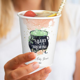 a baby is brewing Halloween Baby Shower Peach Paper Cups