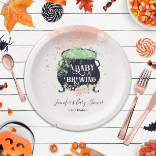 a baby is brewing Halloween Baby Shower Pink Paper Plate