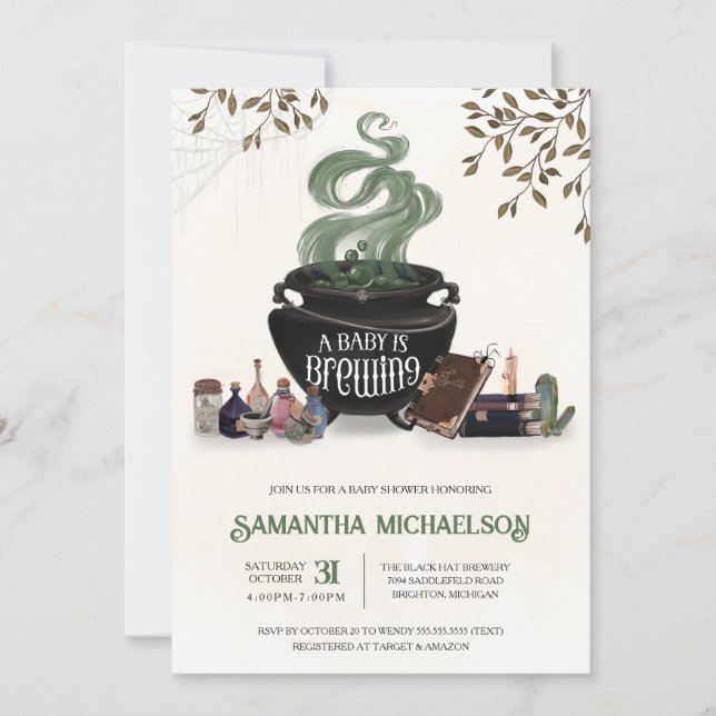 A Baby is Brewing Halloween Cauldron Shower Invitation (Front)