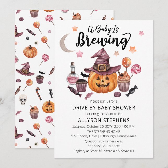 A Baby Is Brewing Halloween Drive By Shower Invitation (Front/Back)