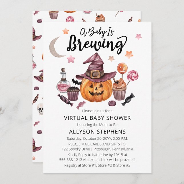 A Baby Is Brewing Halloween Virtual Shower Invitation (Front/Back)