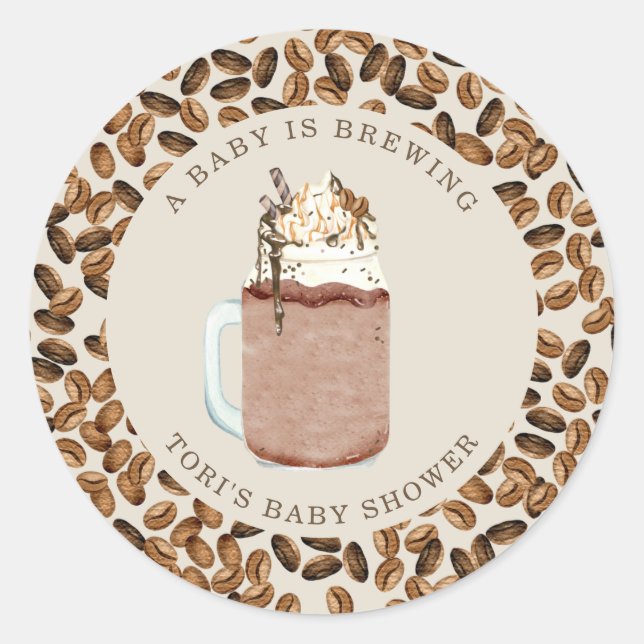 A Baby Is Brewing Iced Coffee Beans Baby Shower Classic Round Sticker (Front)