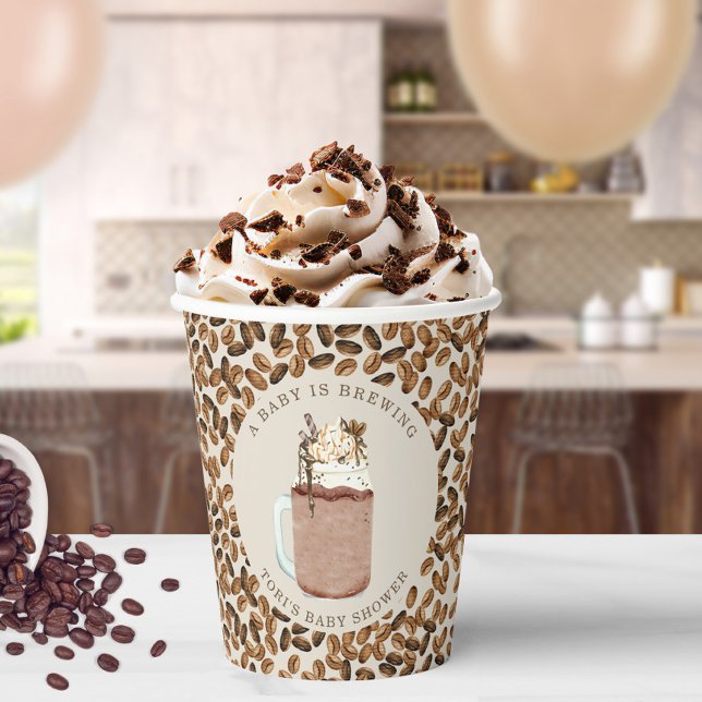 A Baby Is Brewing Iced Coffee & Beans Baby Shower Paper Cups (Creator Uploaded)