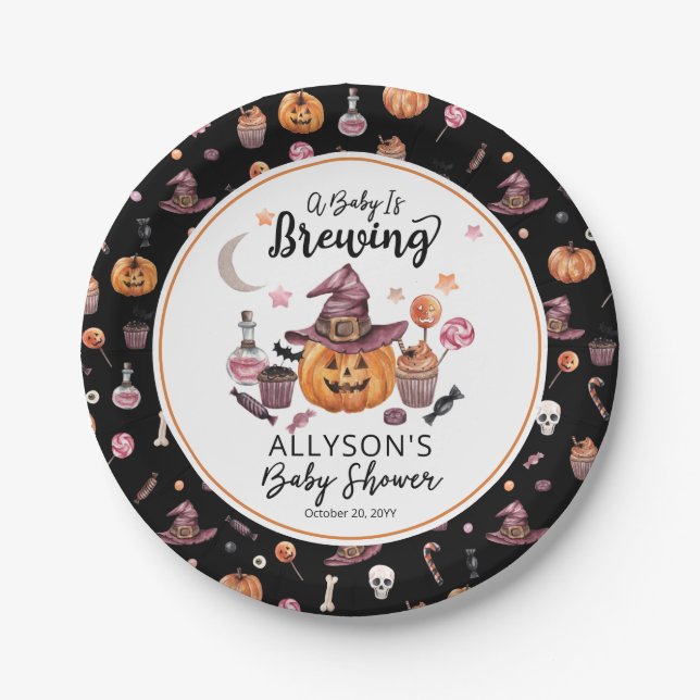 A Baby Is Brewing Jack-O-Lantern Halloween Shower  Paper Plate (Front)