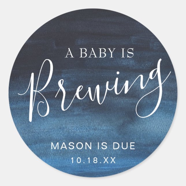 A Baby Is Brewing Navy Blue Boy Baby Shower Favour Classic Round Sticker (Front)