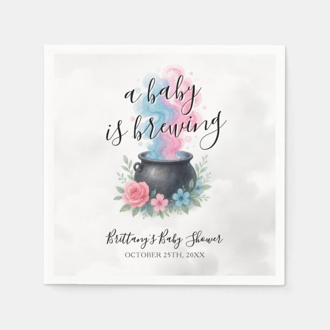 A Baby Is Brewing Pink and Blue Cauldron Napkin (Front)