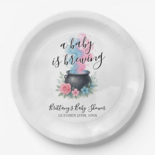 A Baby Is Brewing Pink and Blue Cauldron Paper Plate