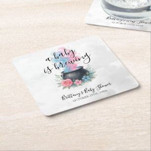 A Baby Is Brewing Pink and Blue Cauldron Square Paper Coaster