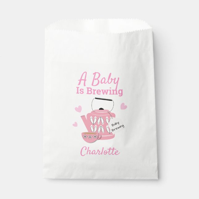 A Baby Is Brewing Pink Baby Girl Shower Favour Bag (Front)