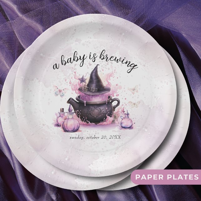 A Baby Is Brewing Pink Halloween Baby Shower  Paper Plate (Creator Uploaded)