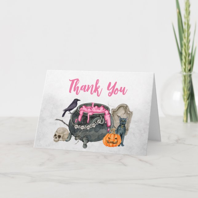 A Baby is Brewing Pink Halloween Baby Shower Thank You Card (Front)