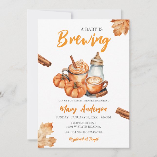 A Baby Is Brewing Pumpkin Spice Bottle Baby Shower Invitation (Front)