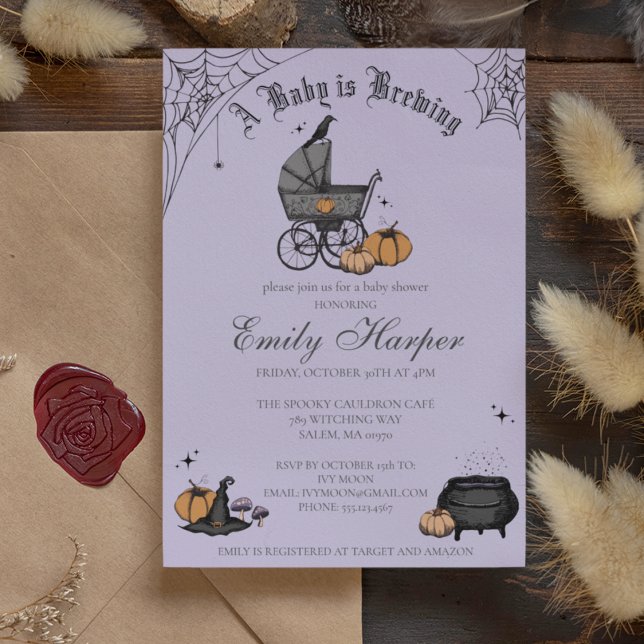 A Baby is Brewing Purple Baby Shower Invitation (Gothic Halloween Baby Shower Invitation. Hand Drawn Vintage Baby Carriage, Raven, Witch Hat, Pumpkin)
