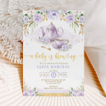 A Baby is Brewing Purple Flower Baby Shower Tea Invitation<br><div class="desc">Tea party themed baby shower invite. Click the "customize further" button if you wish to re-arrange and format the style and placement of the text. Comes with a matching floral pattern backside.</div>