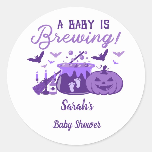 A Baby Is Brewing Purple Halloween Baby Shower Classic Round Sticker (Front)