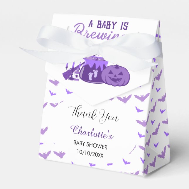 A Baby Is Brewing Purple Halloween Baby Shower Favor Box (Front Side)