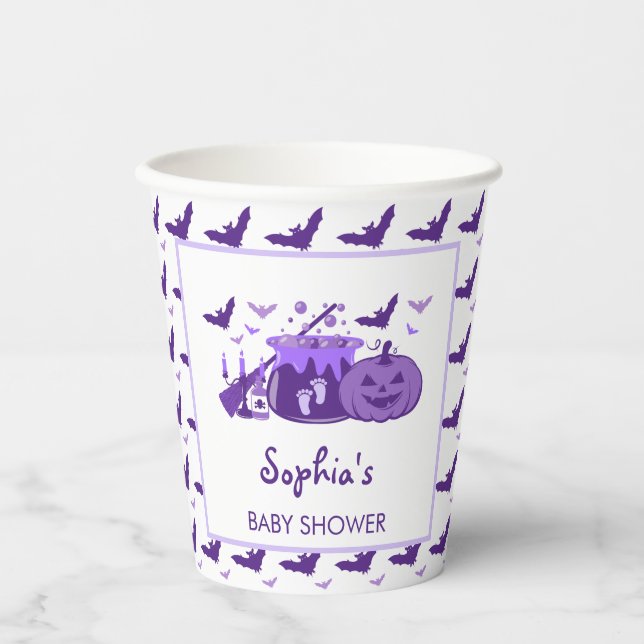 A Baby Is Brewing Purple Halloween Baby Shower Paper Cups (Front)