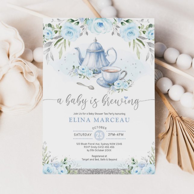A Baby is Brewing Silver Blue Floral Tea Party Invitation (Creator Uploaded)