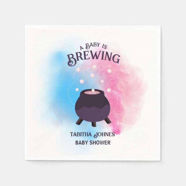 A Baby Is Brewing Spooky Gender Reveal Cauldron Napkin (Front)