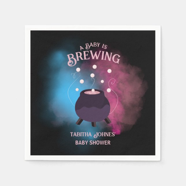 A Baby Is Brewing Spooky Gender Reveal Cauldron Napkin (Front)