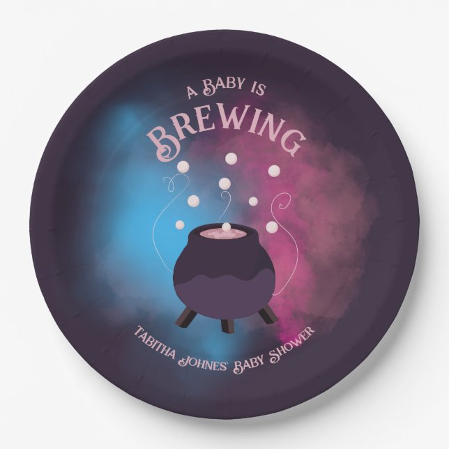 A Baby Is Brewing Spooky Gender Reveal Cauldron Paper Plate (Front)