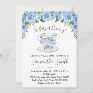 A Baby is brewing tea baby shower blue invitation