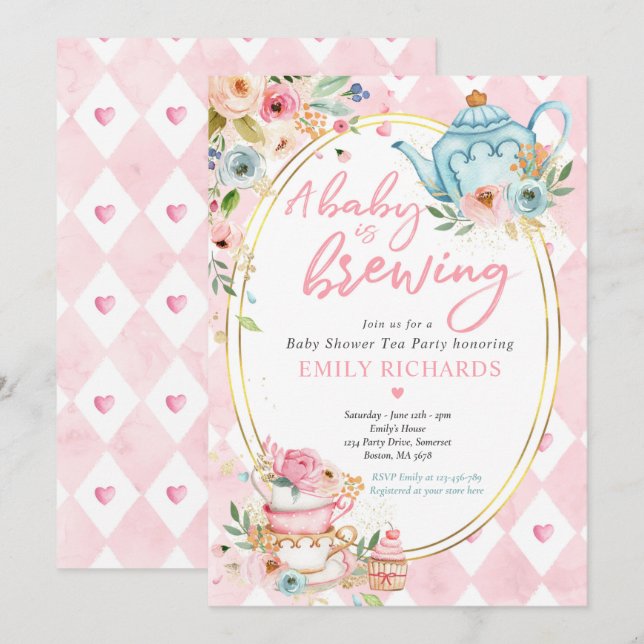 A Baby Is Brewing Tea Party Baby Shower Pink Roses Invitation (Front/Back)