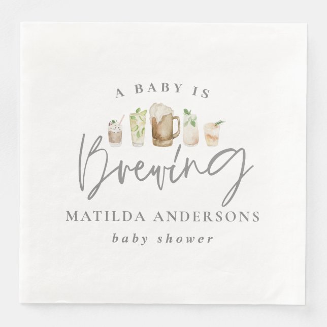 A baby is brewing watercolour beer baby shower napkin (Front)