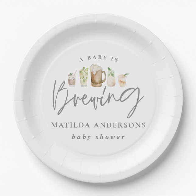 A baby is brewing watercolour beer baby shower paper plate (Front)