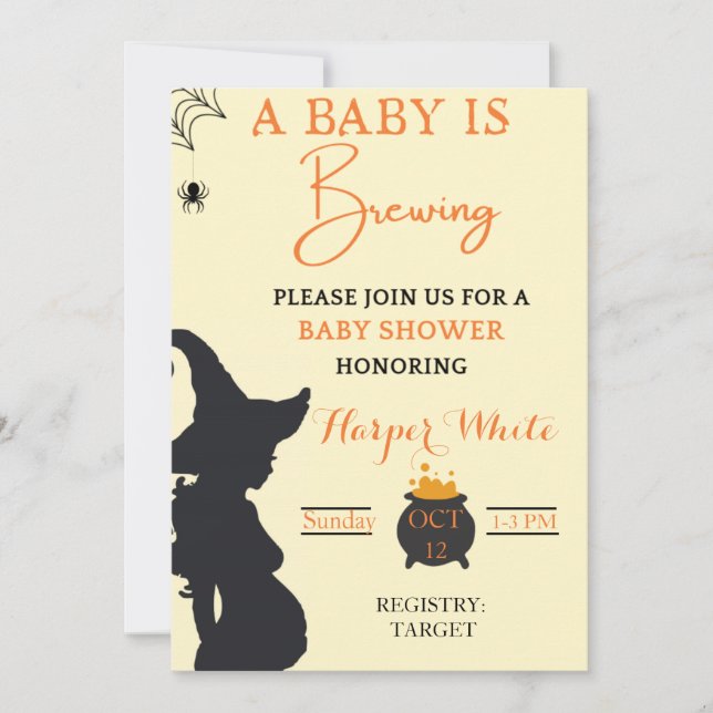 A baby is brewing witch baby shower  invitation (Front)