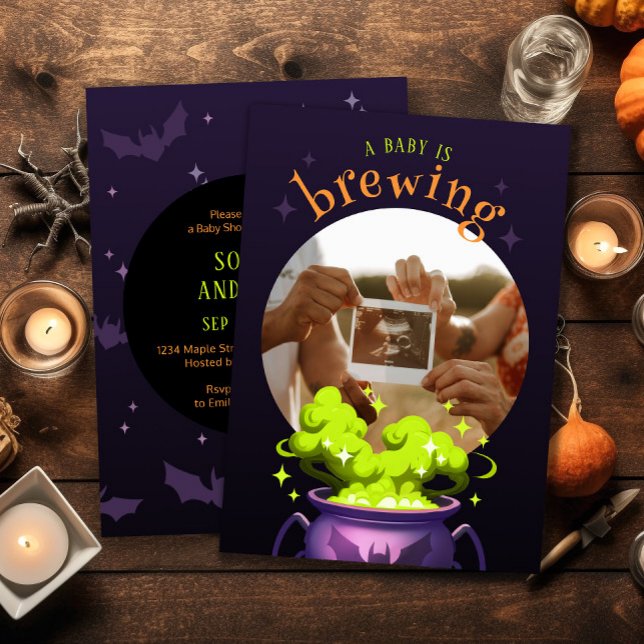 A Baby is Brewing Witch Pot Photo Baby Shower Invitation (Creator Uploaded)