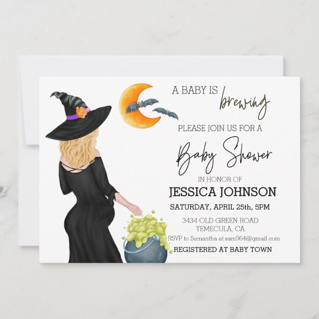 A baby is Brewing Witch Watercolor Custom Blonde Invitation (Front)