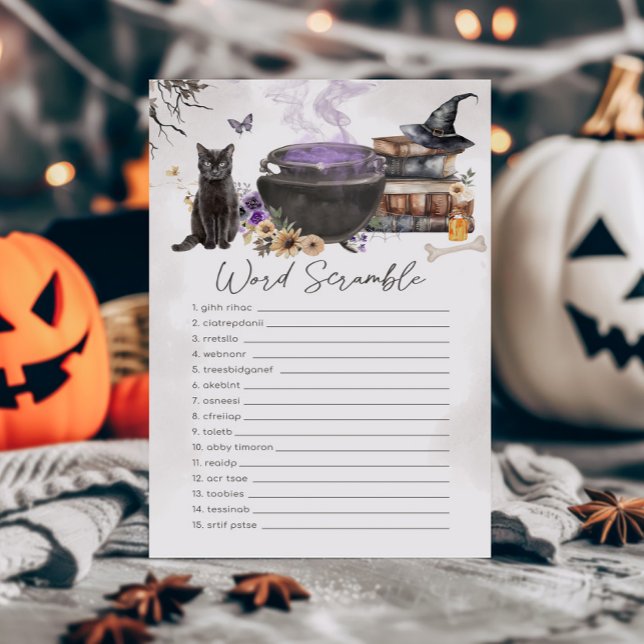 A Baby is Brewing Witch Word Scramble Game (Purple Witch Cauldron Baby Shower Word Scramble Game)