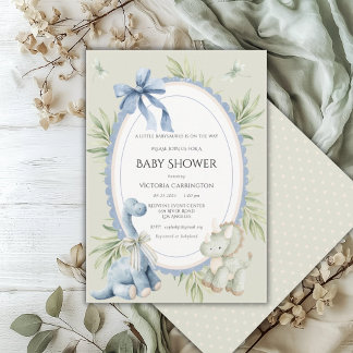 A Babysauraus is on the Way Sage Green Baby Invitation