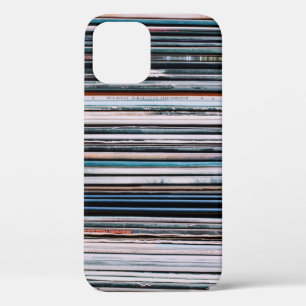 A background consisting of a stack of records in t iPhone 12 case