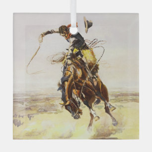 “A Bad Hoss” by Charles M Russell Glass Ornament