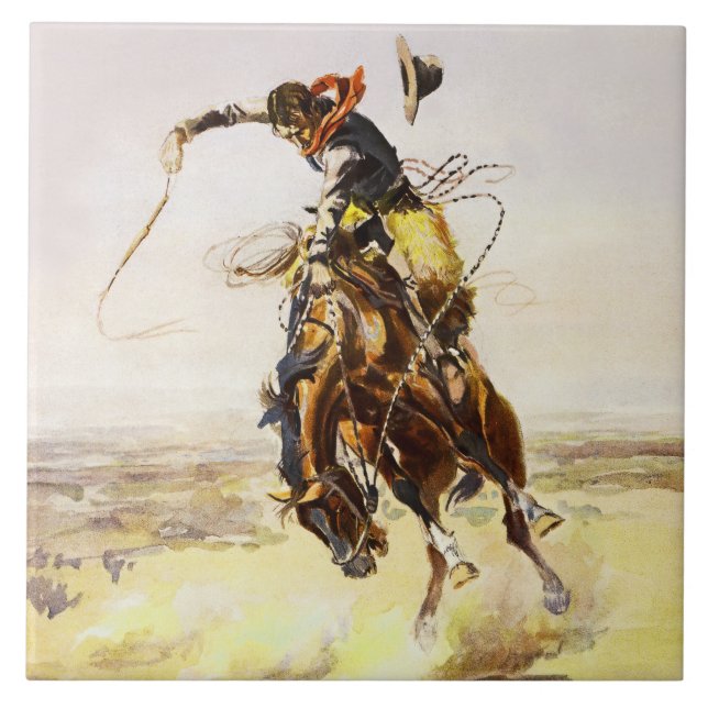 “A Bad Hoss” by Charles M Russell Tile (Front)